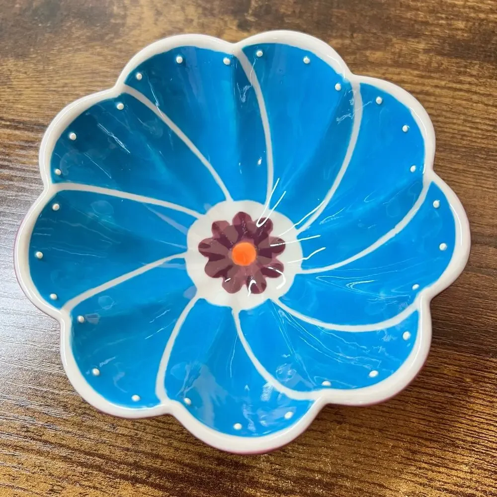Anthropologie 1 CUP Measuring Cup Bowl Flower Ceramic Blue Kitchenware Boho New